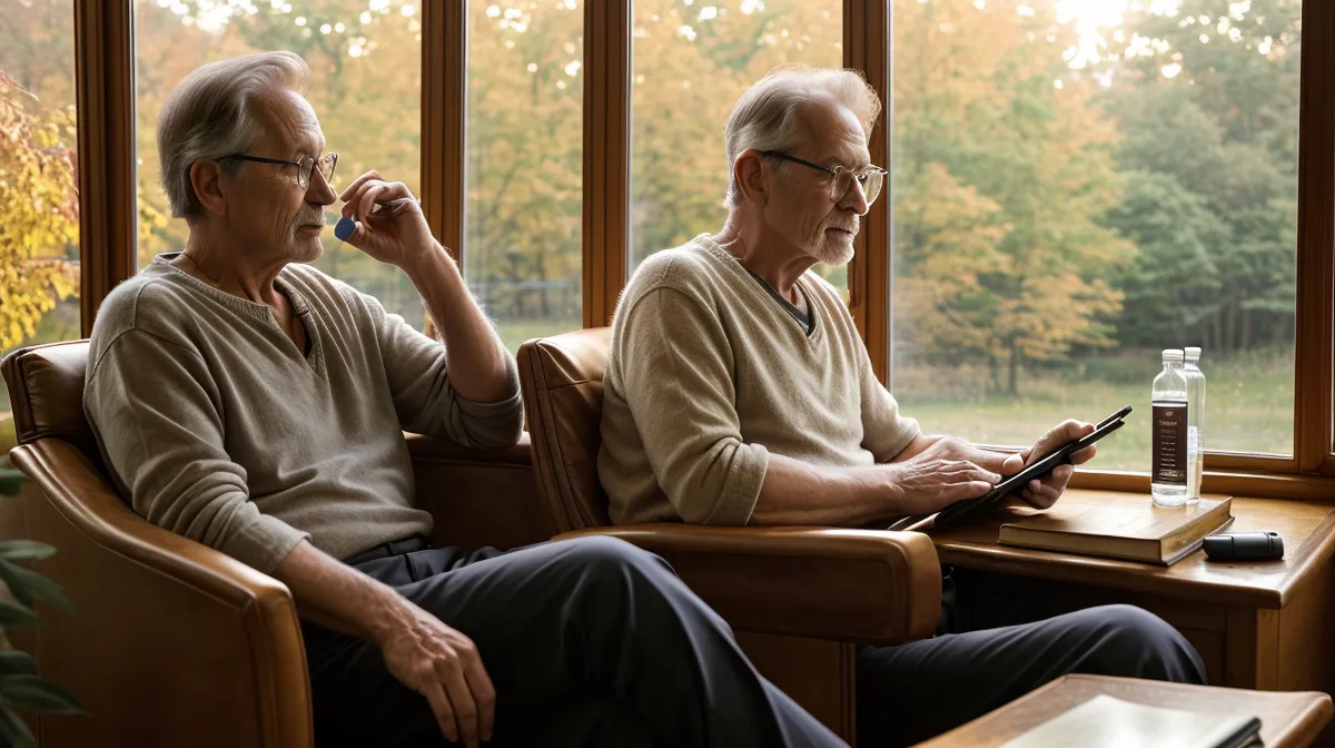 Retired school principal reviewing a hearing health log at his home desk in Newton, Massachusetts