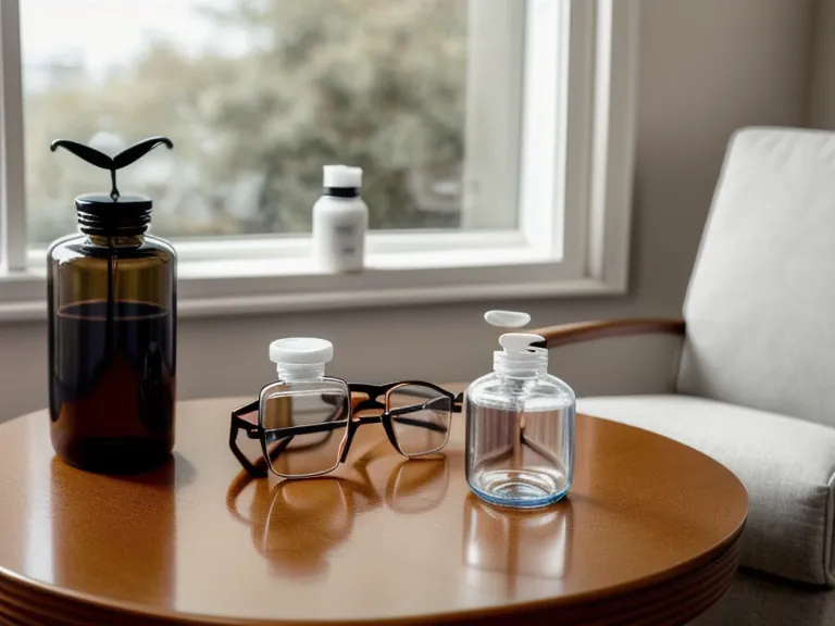 A bottle of Audifort supplements next to hearing aids on a sunlit kitchen counter.