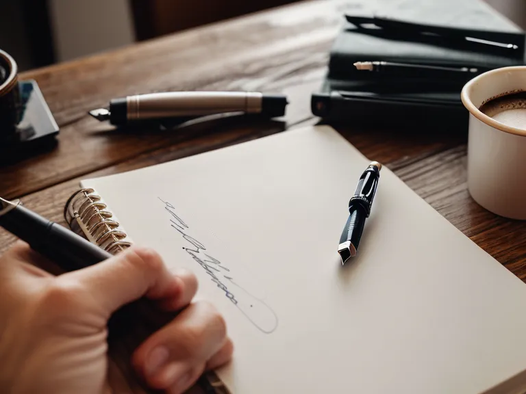 A hand writing in a hearing health and supplement tracking log next to a coffee cup, part of a retirement routine for aging well