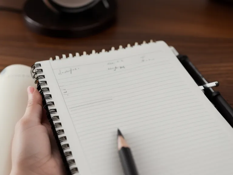 A hand writing a TV comfort volume number in a spiral notebook to track hearing support progress.