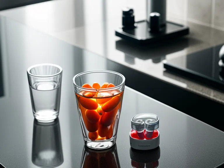 Hearing aids next to an auditory supplement capsule on a kitchen counter, part of a senior's daily hearing wellness routine