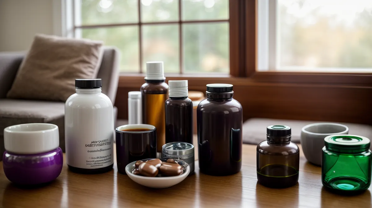 Quietum Plus hearing supplement bottle next to a hearing aid case, reviewed for age-related hearing loss support after 50